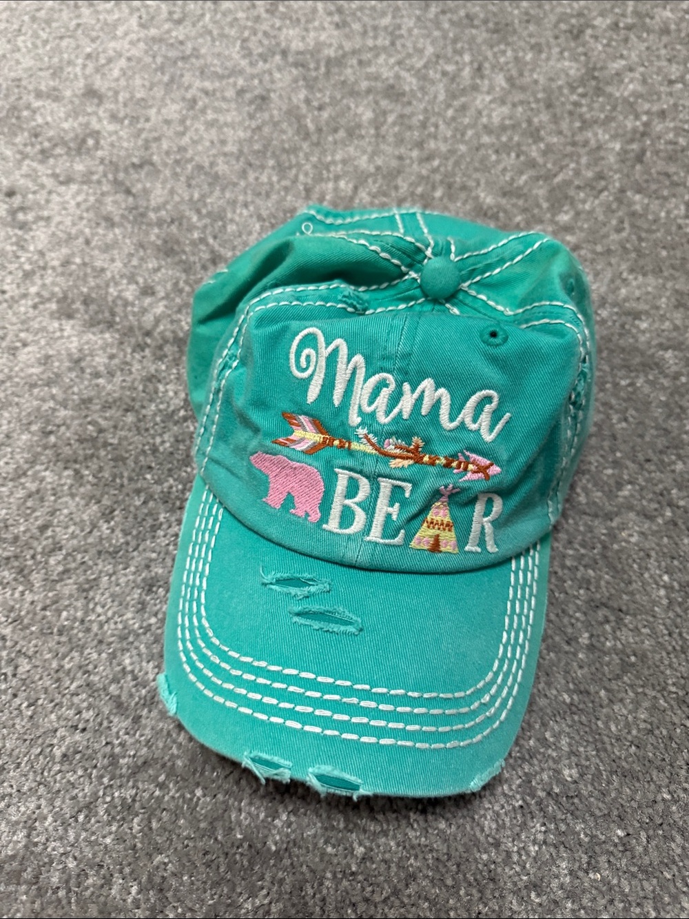 KBETHOS Turquoise "Mama Bear" Embroidered Baseball Cap with Pink Accent